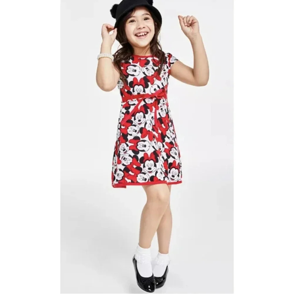 Little Girls Self Tie Ribbon Belt Minnie Mouse Dress Sz 5 Full Skirt Red VGUC - Picture 1 of 7